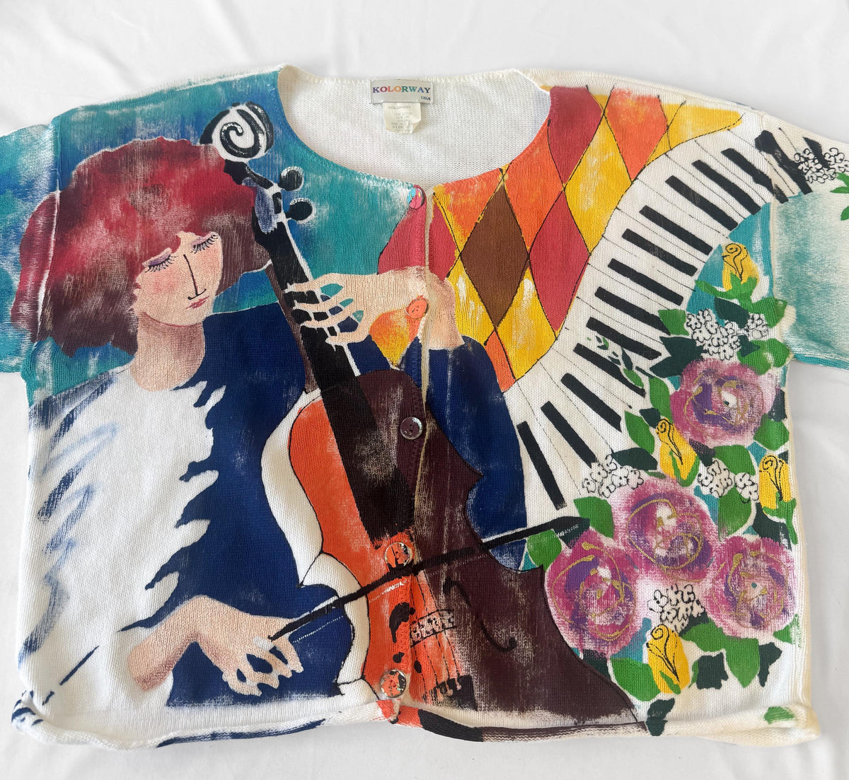 90s Kolorway Cello Orchestra Piano Music Motif Floral Cotton Hand Painted Cardigan Sweater Approx Women's Sz. L Maximalist Wearable Art