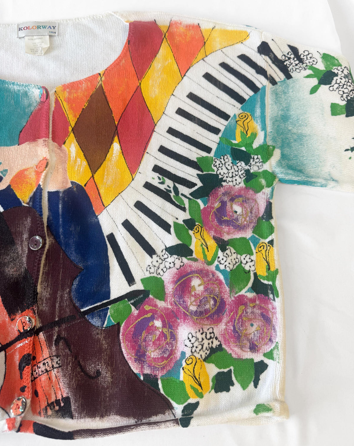 90s Kolorway Cello Orchestra Piano Music Motif Floral Cotton Hand Painted Cardigan Sweater Approx Women's Sz. L Maximalist Wearable Art