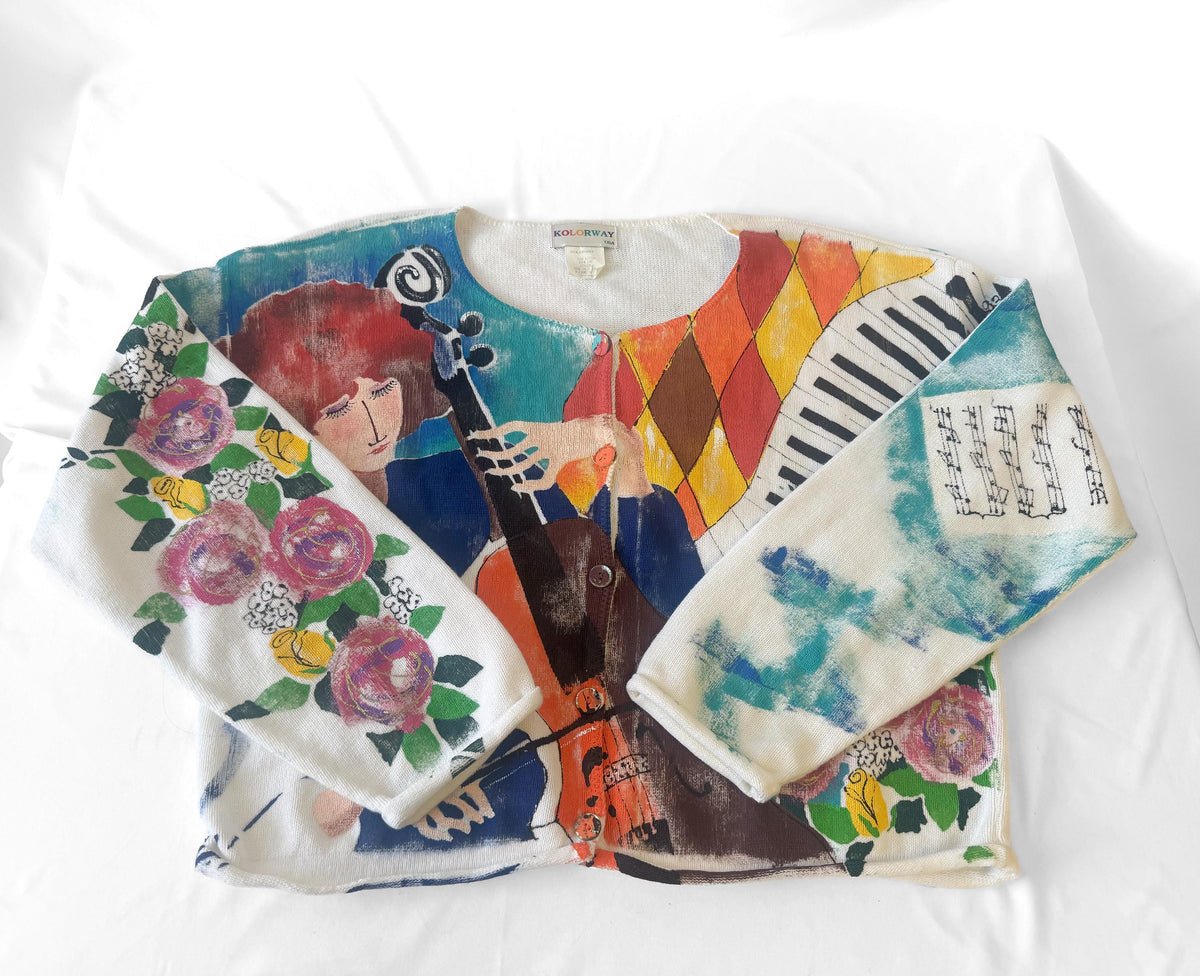 90s Kolorway Cello Orchestra Piano Music Motif Floral Cotton Hand Painted Cardigan Sweater Approx Women's Sz. L Maximalist Wearable Art