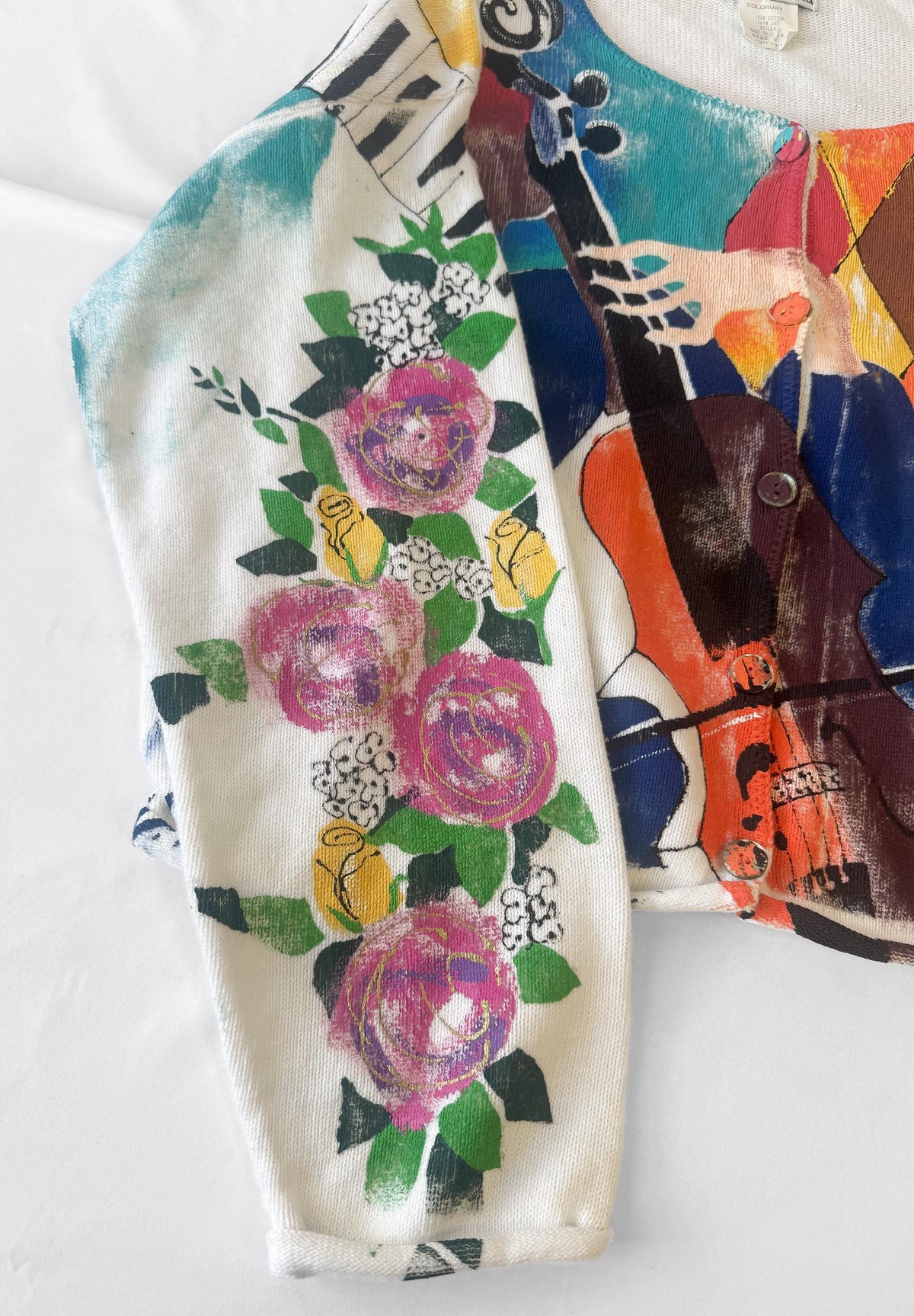 90s Kolorway Cello Orchestra Piano Music Motif Floral Cotton Hand Painted Cardigan Sweater Approx Women's Sz. L Maximalist Wearable Art