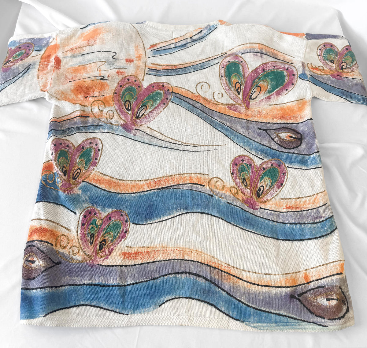 90s Kolorway Hand Painted Blue Orange Abstract Swirl Print Cotton Sweater, Approx. Women's Sz. L, Wearable Art Maximalist Sweater