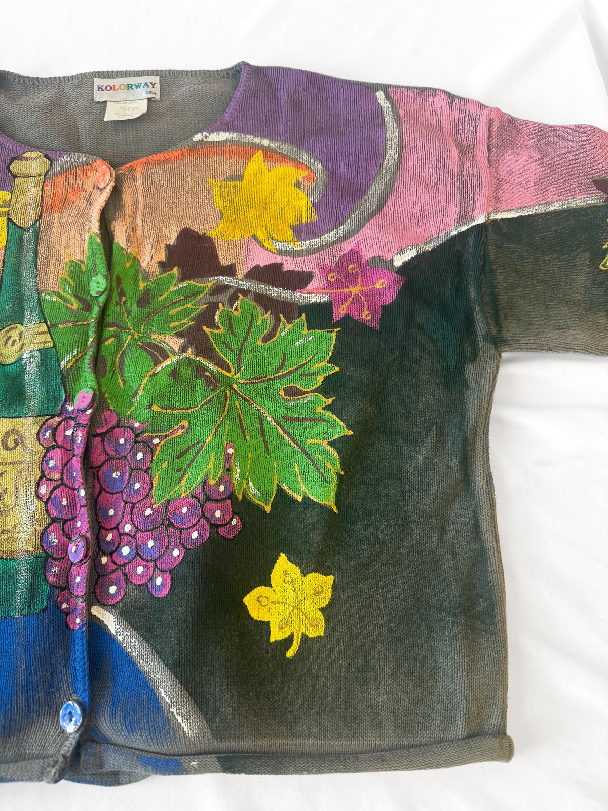 90s Kolorway Wine Grape Motif Cotton Hand Painted Cardigan, Women's Sz. L, Eclectic Maximalist Wearable Art Sweater