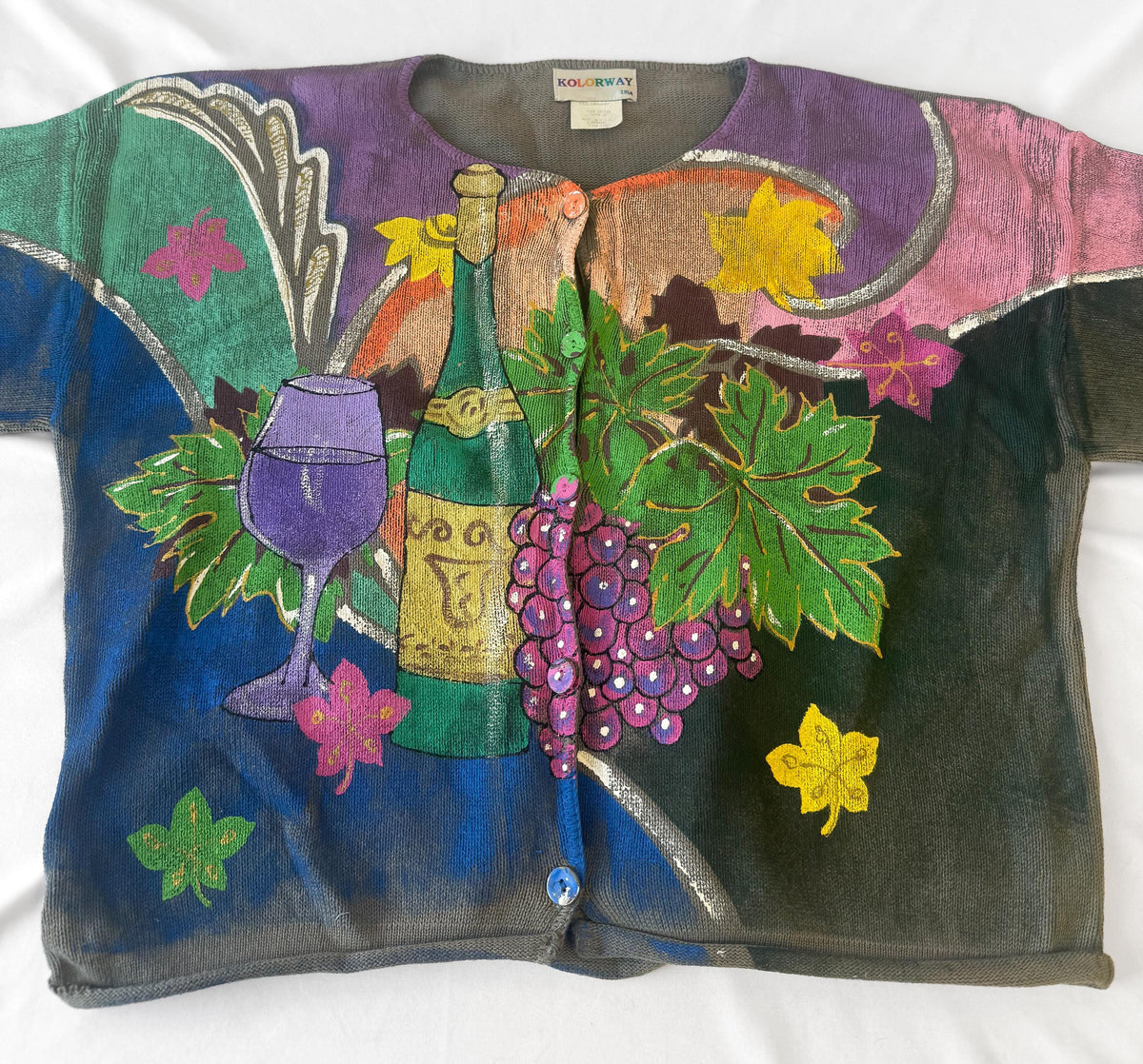 90s Kolorway Wine Grape Motif Cotton Hand Painted Cardigan, Women's Sz. L, Eclectic Maximalist Wearable Art Sweater