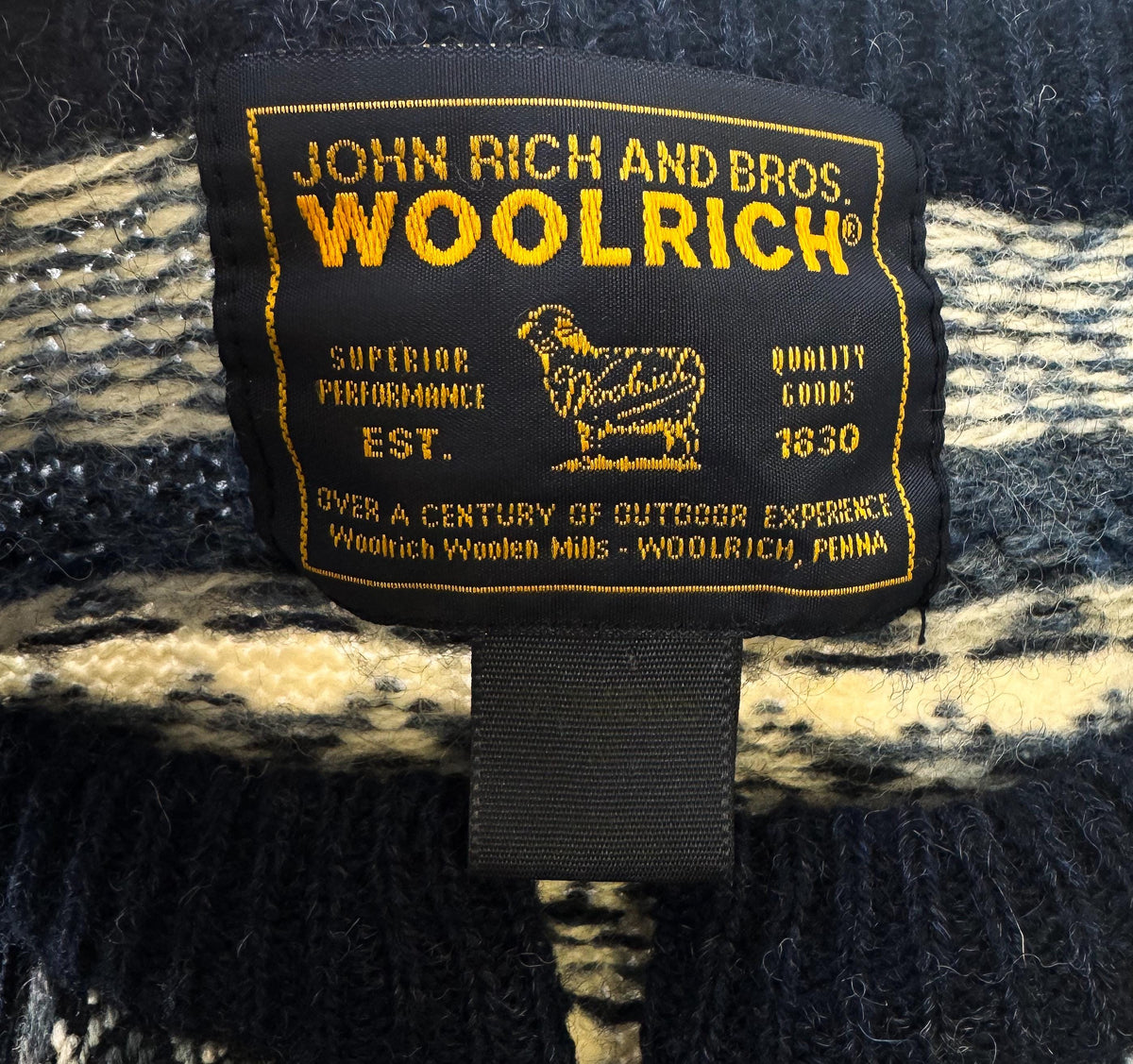 Vintage Woolrich Navy Cream Geometric Wool Nordic Metal Clasp Cardigan Sweater, Women's Sz. M