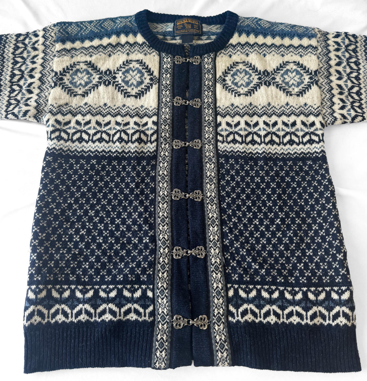 Vintage Woolrich Navy Cream Geometric Wool Nordic Metal Clasp Cardigan Sweater, Women's Sz. M