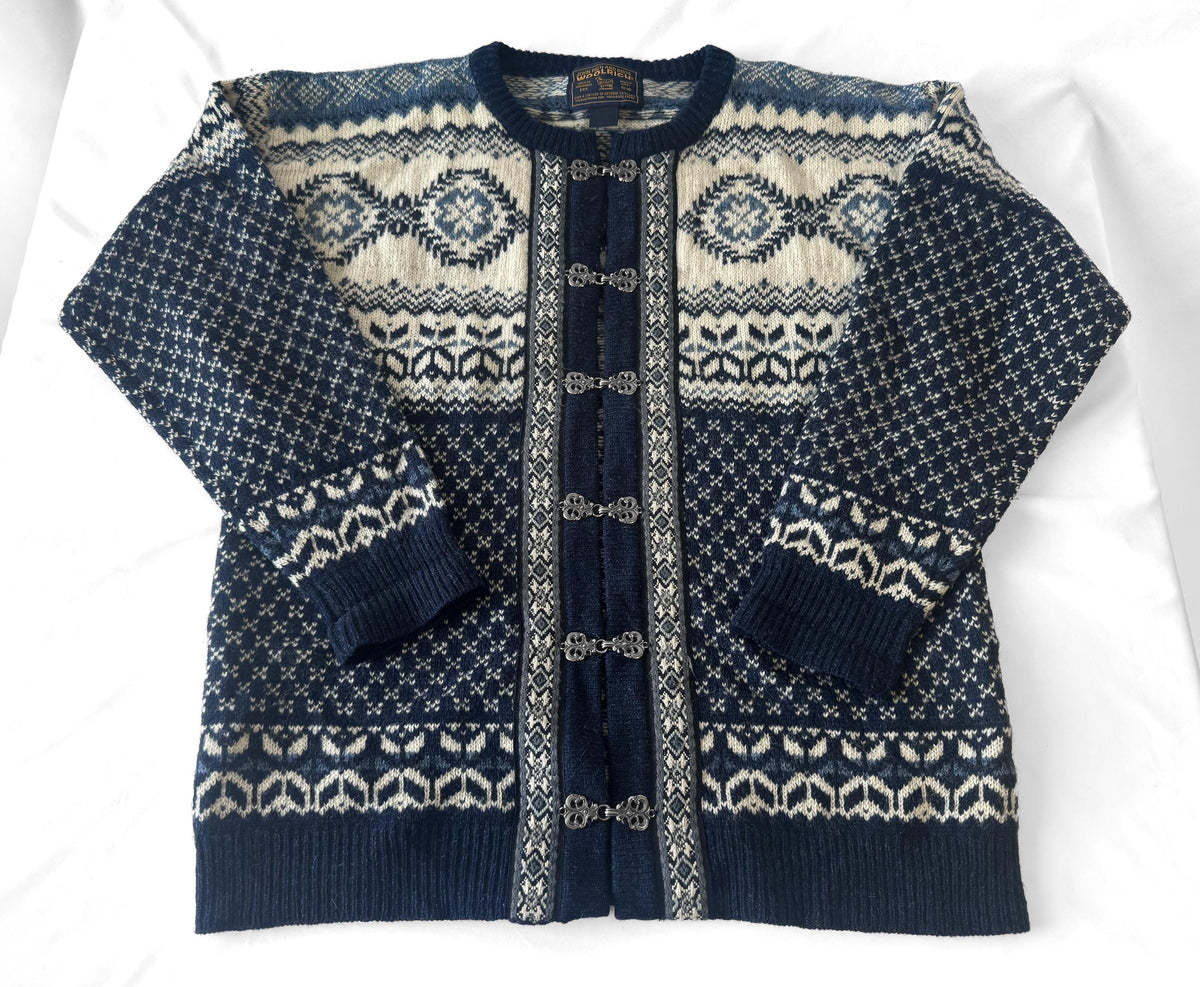 Vintage Woolrich Navy Cream Geometric Wool Nordic Metal Clasp Cardigan Sweater, Women's Sz. M