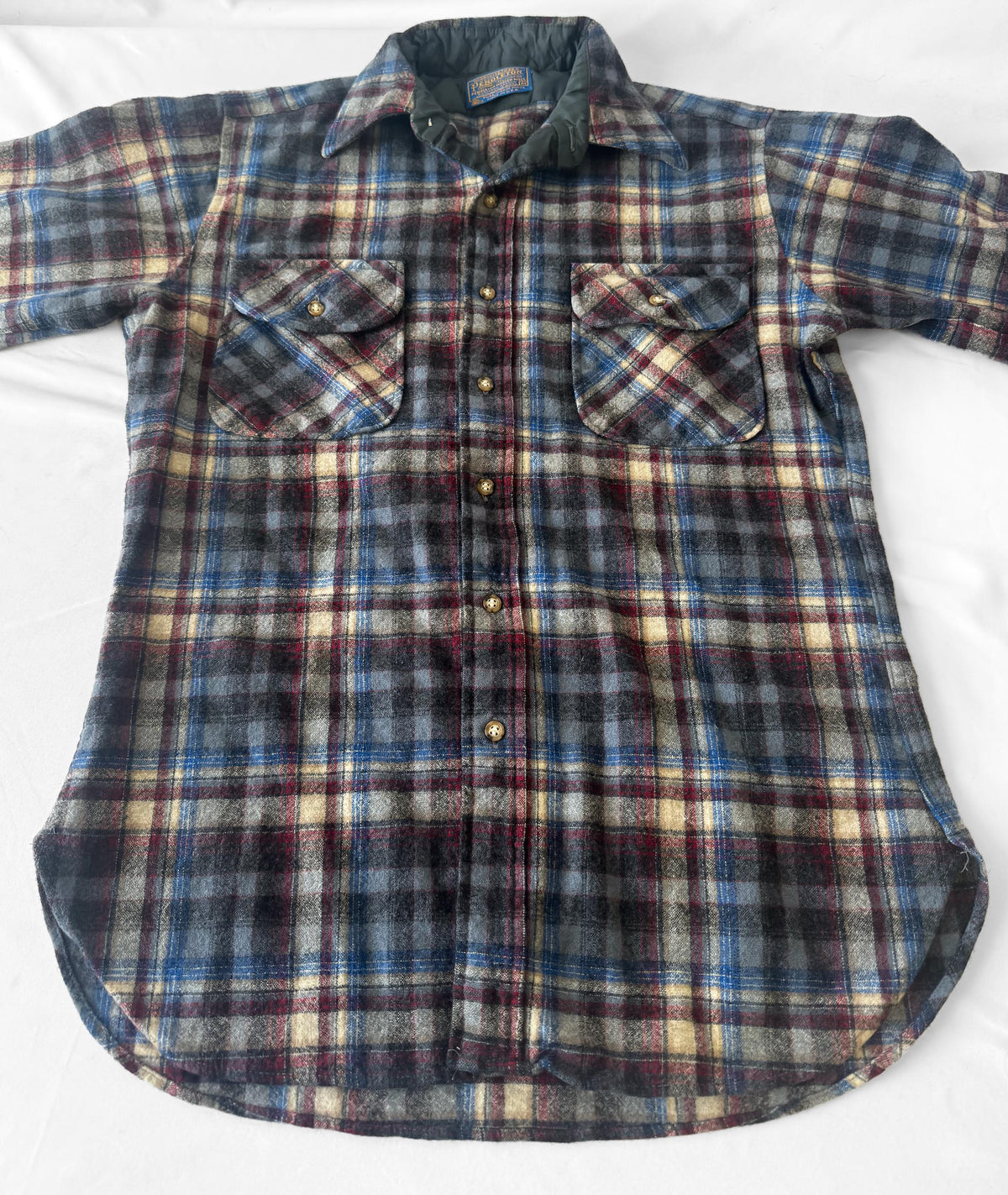 Vintage 70s Pendleton Pure Wool Cream Blue Maroon Plaid Button Down Shirt, Men's Sz. M