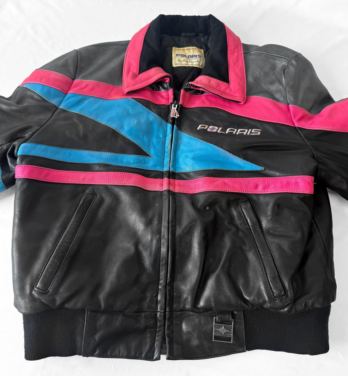 Vintage 90s Polaris Hein Gericke Pink Blue Black Leather Bomber Jacket, Approx. Men's Sz. S/M, 90s Streetwear Style Retro Leather Jacket