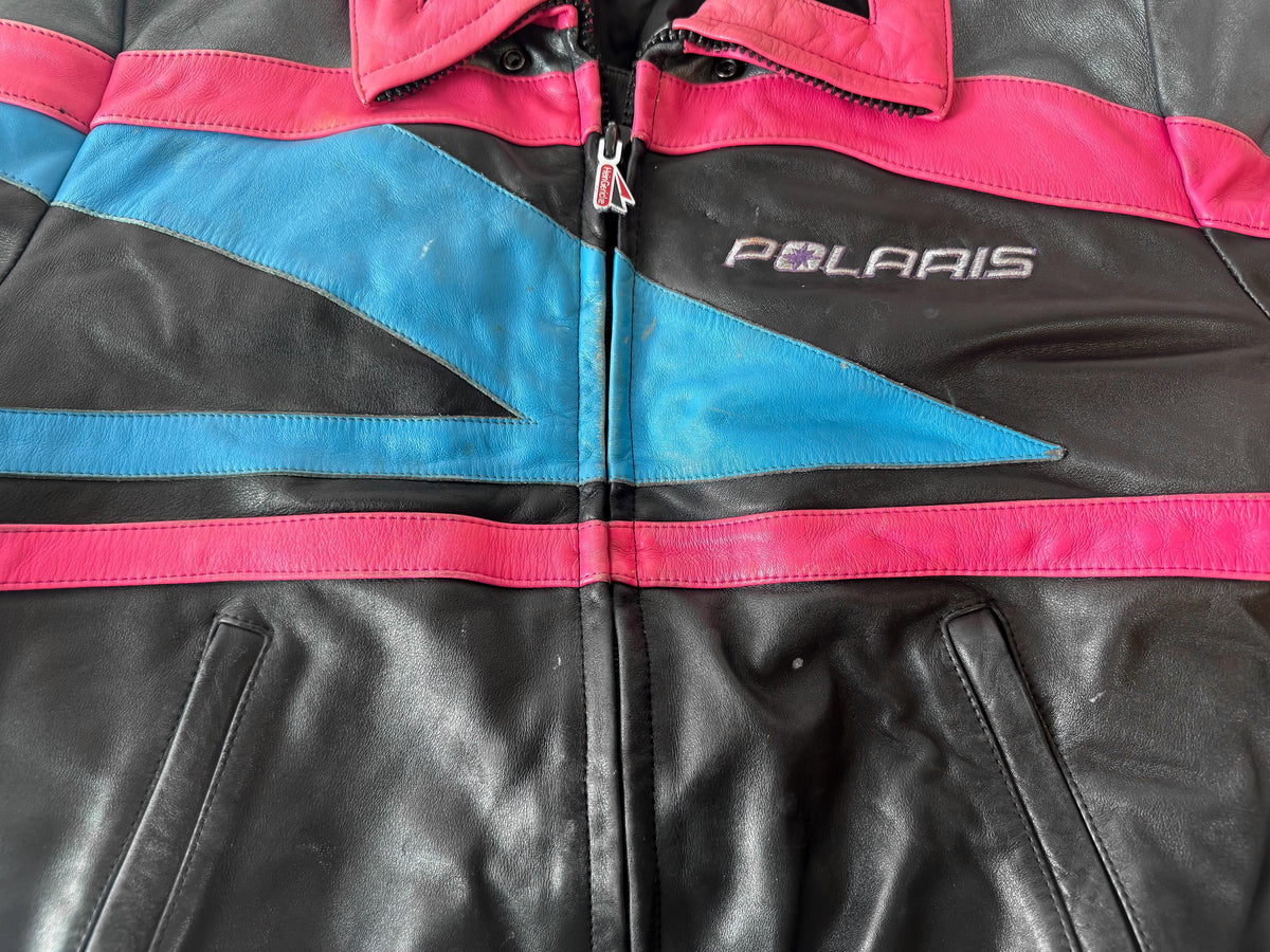 Vintage 90s Polaris Hein Gericke Pink Blue Black Leather Bomber Jacket, Approx. Men's Sz. S/M, 90s Streetwear Style Retro Leather Jacket
