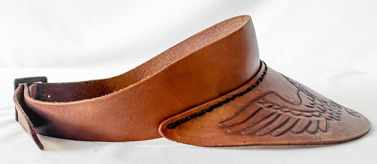 Vintage 70s Handcrafted Tooled Leather "W" Initial Eagle Wing Engraved Sun Visor Cap, Unique Western Style Hat