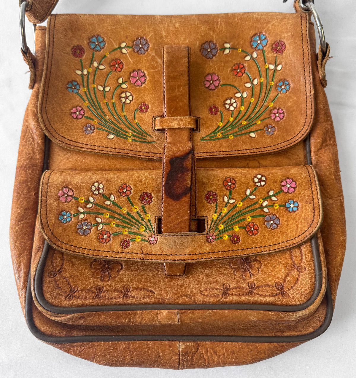 70s Handcrafted in Mexico Hand Tooled Painted Floral Leather Shoulder Bag, Vintage Boho Western Style Purse