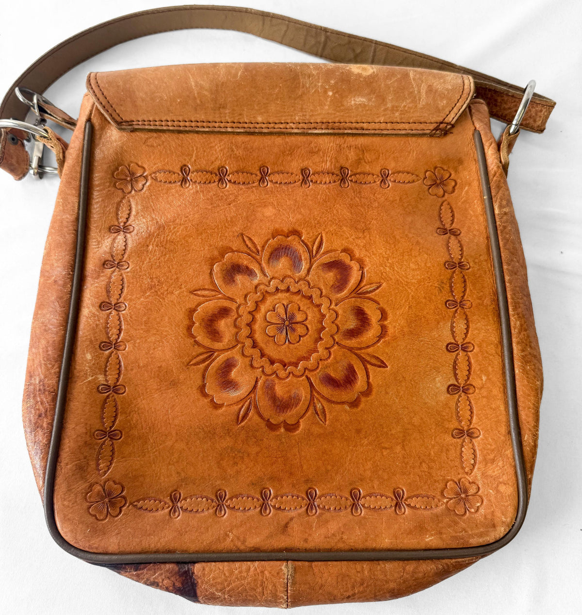 70s Handcrafted in Mexico Hand Tooled Painted Floral Leather Shoulder Bag, Vintage Boho Western Style Purse