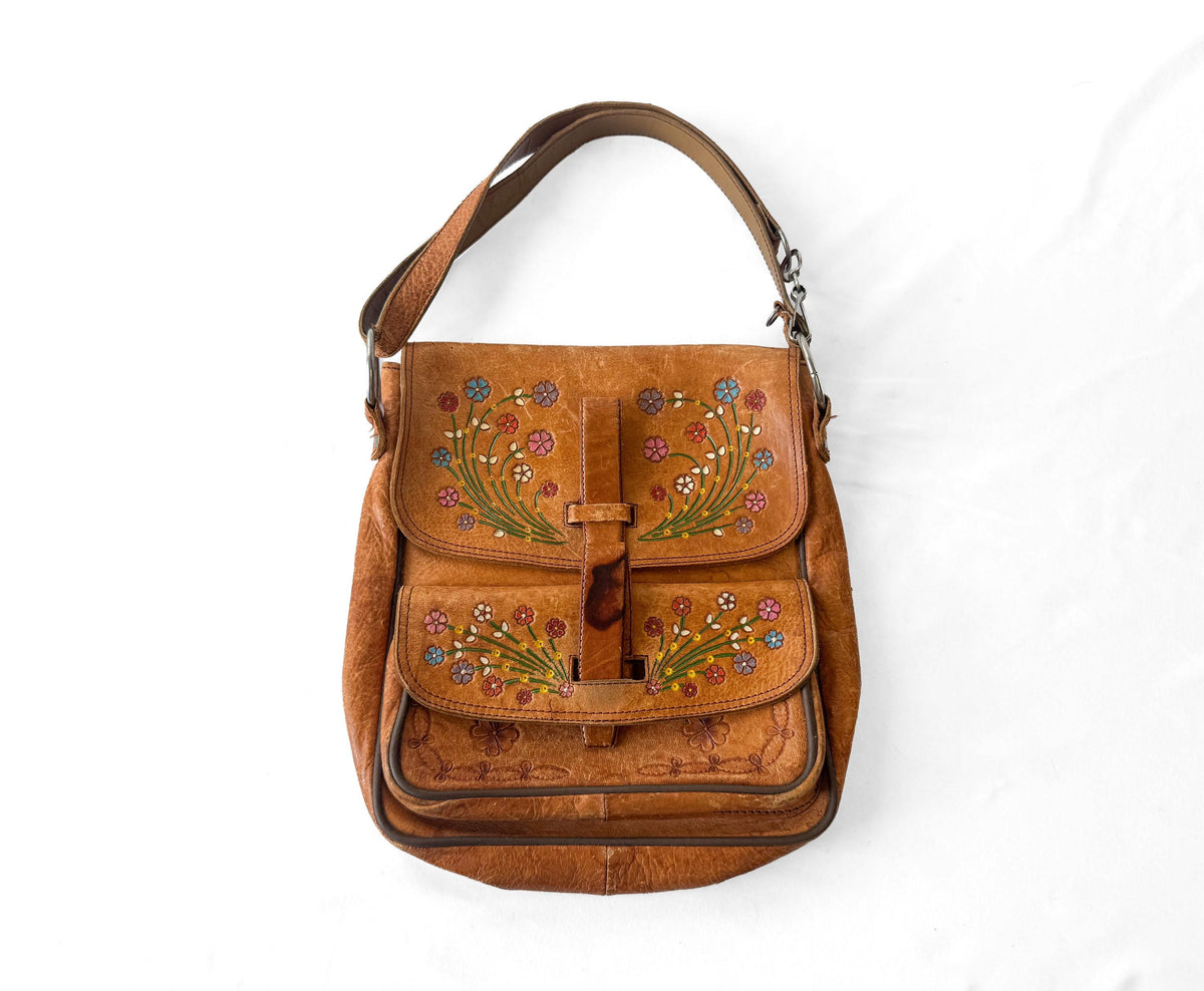 70s Handcrafted in Mexico Hand Tooled Painted Floral Leather Shoulder Bag, Vintage Boho Western Style Purse
