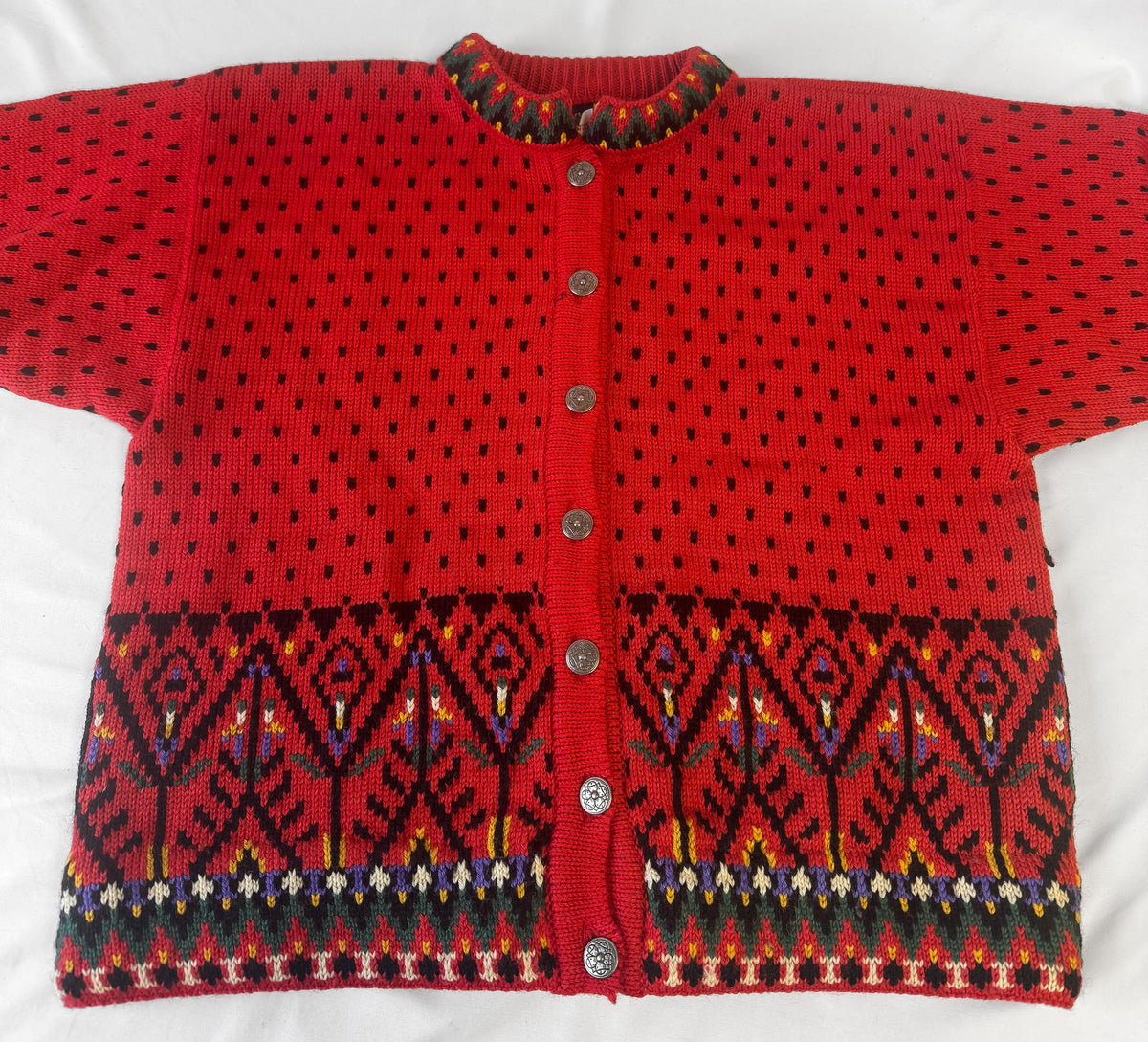 Vintage Dale of Norway Red Pure Wool Fair Isle Button Nordic Ski Style Cardigan Sweater, Women's Sz. L