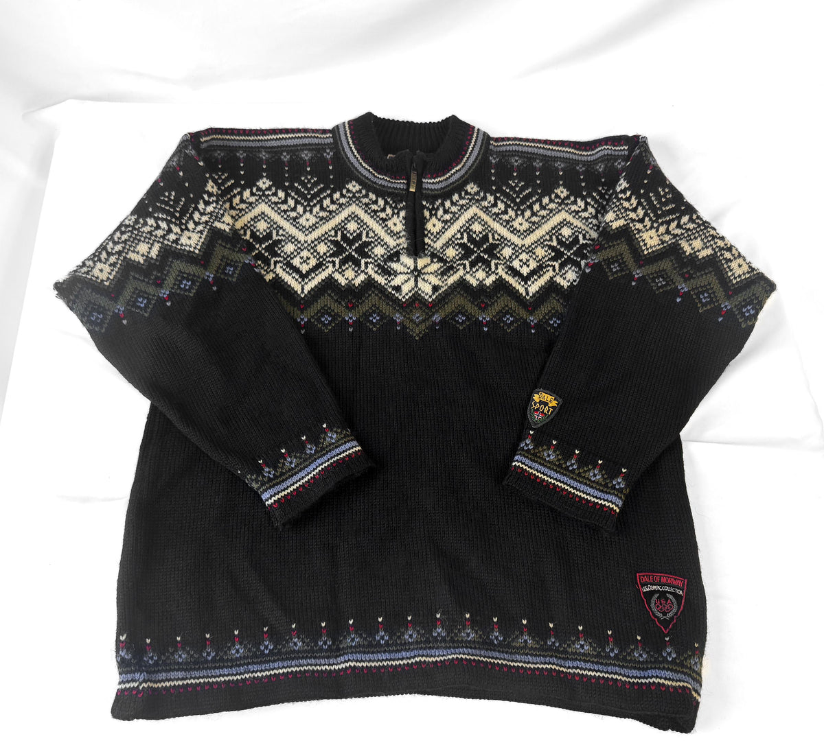 Vintage Dale of Norway 2002 USA Olympics Black Blue Quarter Zip Pure Wool Nordic Ski Sweater, Men's Sz. M