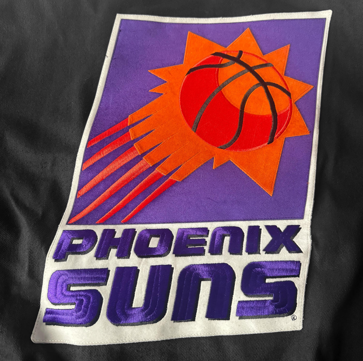 Vintage 90s Phoenix Suns NBA Jeff Hamilton Leather Pinstripe Sleeve Bomber Varsity Jacket, Men's Sz. XL