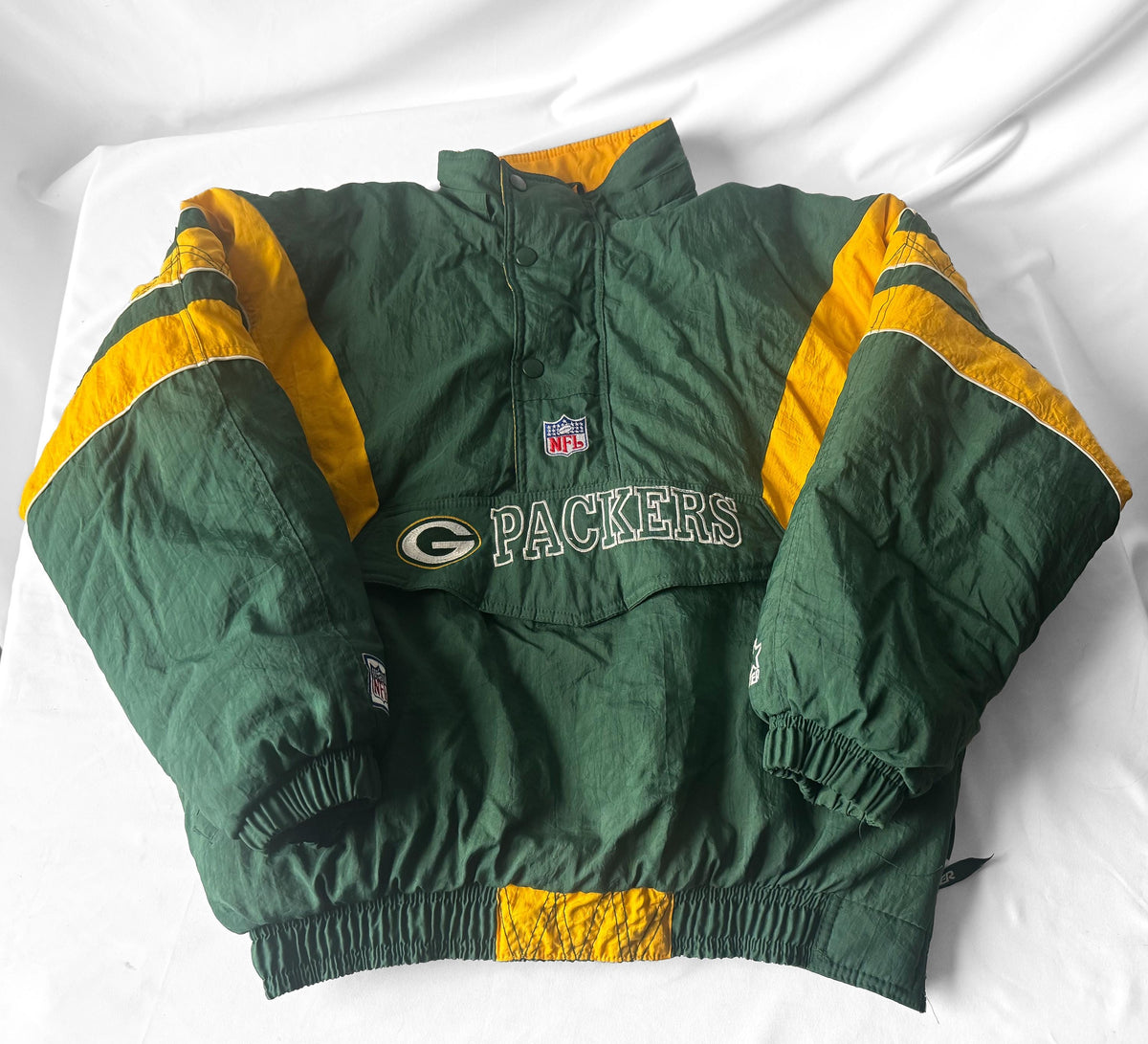 Vintage 90s Green Bay Packers Starter Striped Quarter Zip Puffer Jacket, Men's Sz. M