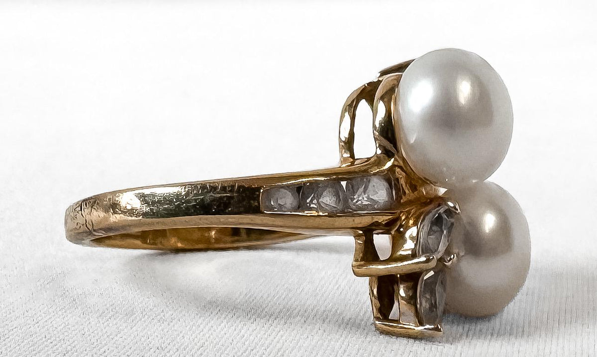 Vintage 10K Yellow Gold Twin Pearl White Sapphire Accent Bypass Ring, Sz. 5.5, Art Deco Cocktail Style Statement Estate Ring