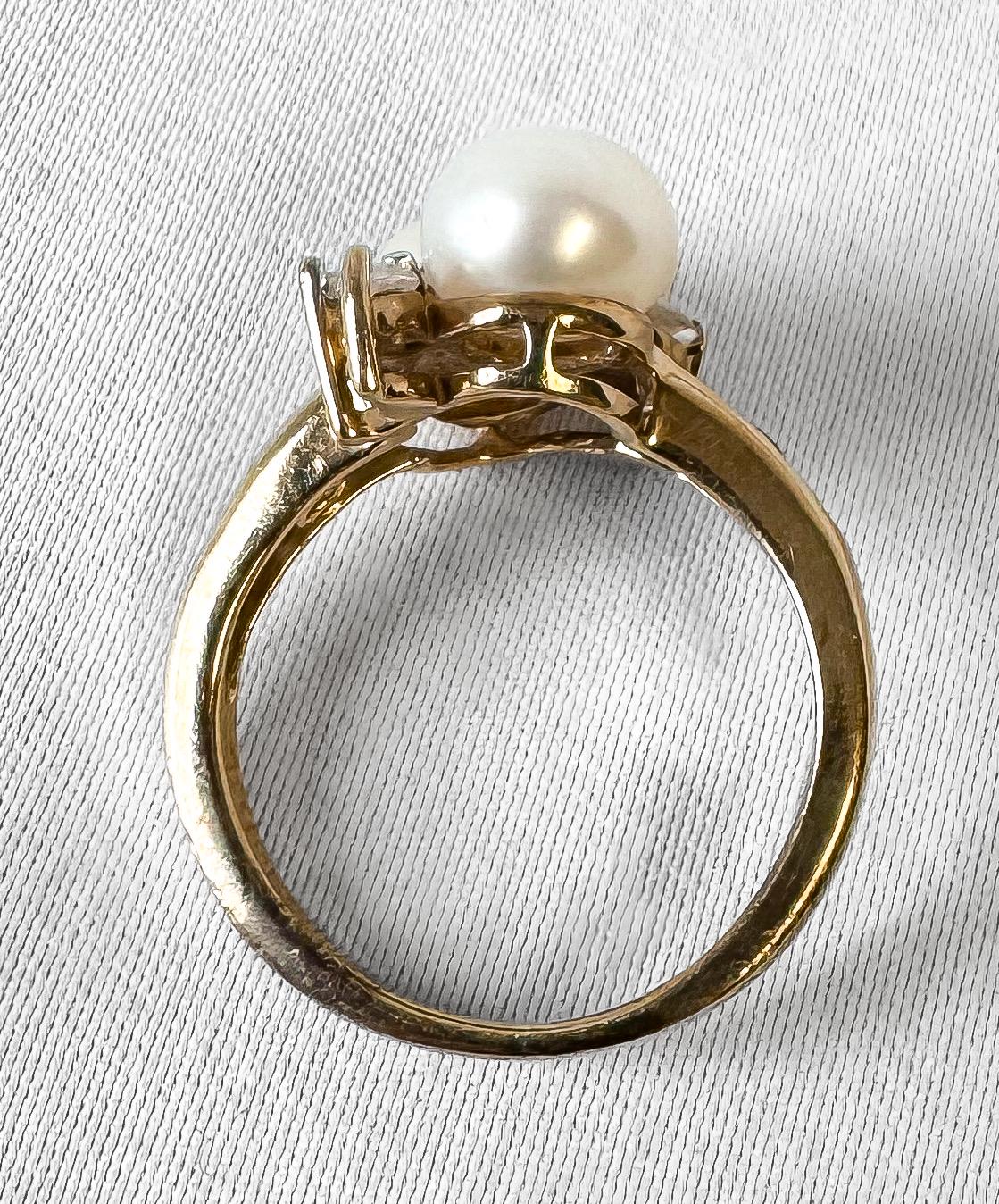Vintage 10K Yellow Gold Twin Pearl White Sapphire Accent Bypass Ring, Sz. 5.5, Art Deco Cocktail Style Statement Estate Ring