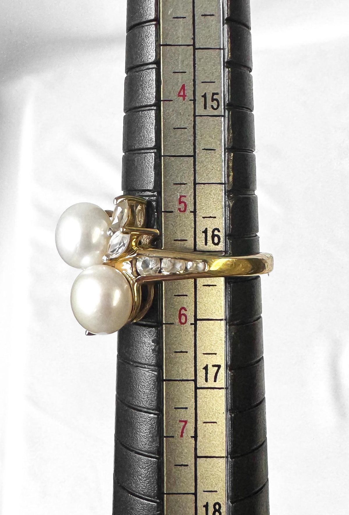 Vintage 10K Yellow Gold Twin Pearl White Sapphire Accent Bypass Ring, Sz. 5.5, Art Deco Cocktail Style Statement Estate Ring