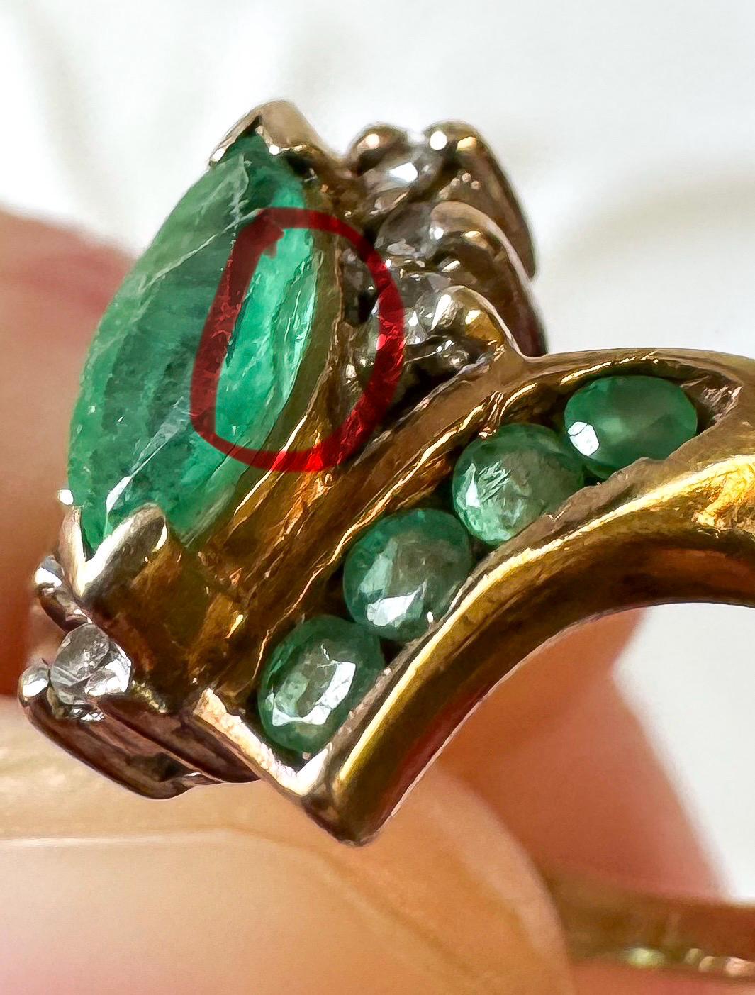 Vintage 10K Yellow Gold Marquise Emerald Diamond Accent Bypass Ring, Sz. 5.5, Estate Art Deco Mid-Century Cocktail Style Ring