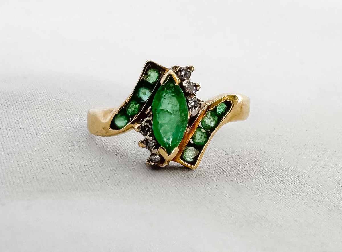 Vintage 10K Yellow Gold Marquise Emerald Diamond Accent Bypass Ring, Sz. 5.5, Estate Art Deco Mid-Century Cocktail Style Ring