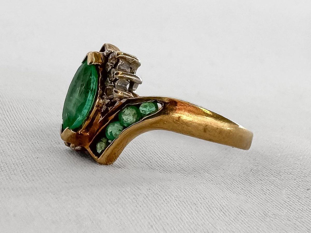 Vintage 10K Yellow Gold Marquise Emerald Diamond Accent Bypass Ring, Sz. 5.5, Estate Art Deco Mid-Century Cocktail Style Ring