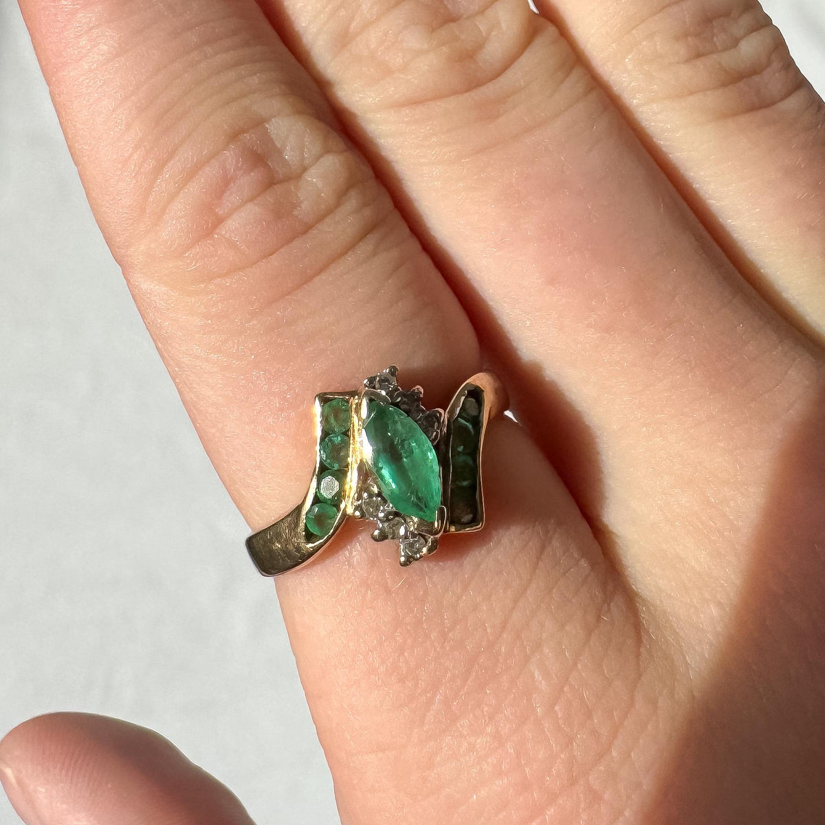 Vintage 10K Yellow Gold Marquise Emerald Diamond Accent Bypass Ring, Sz. 5.5, Estate Art Deco Mid-Century Cocktail Style Ring