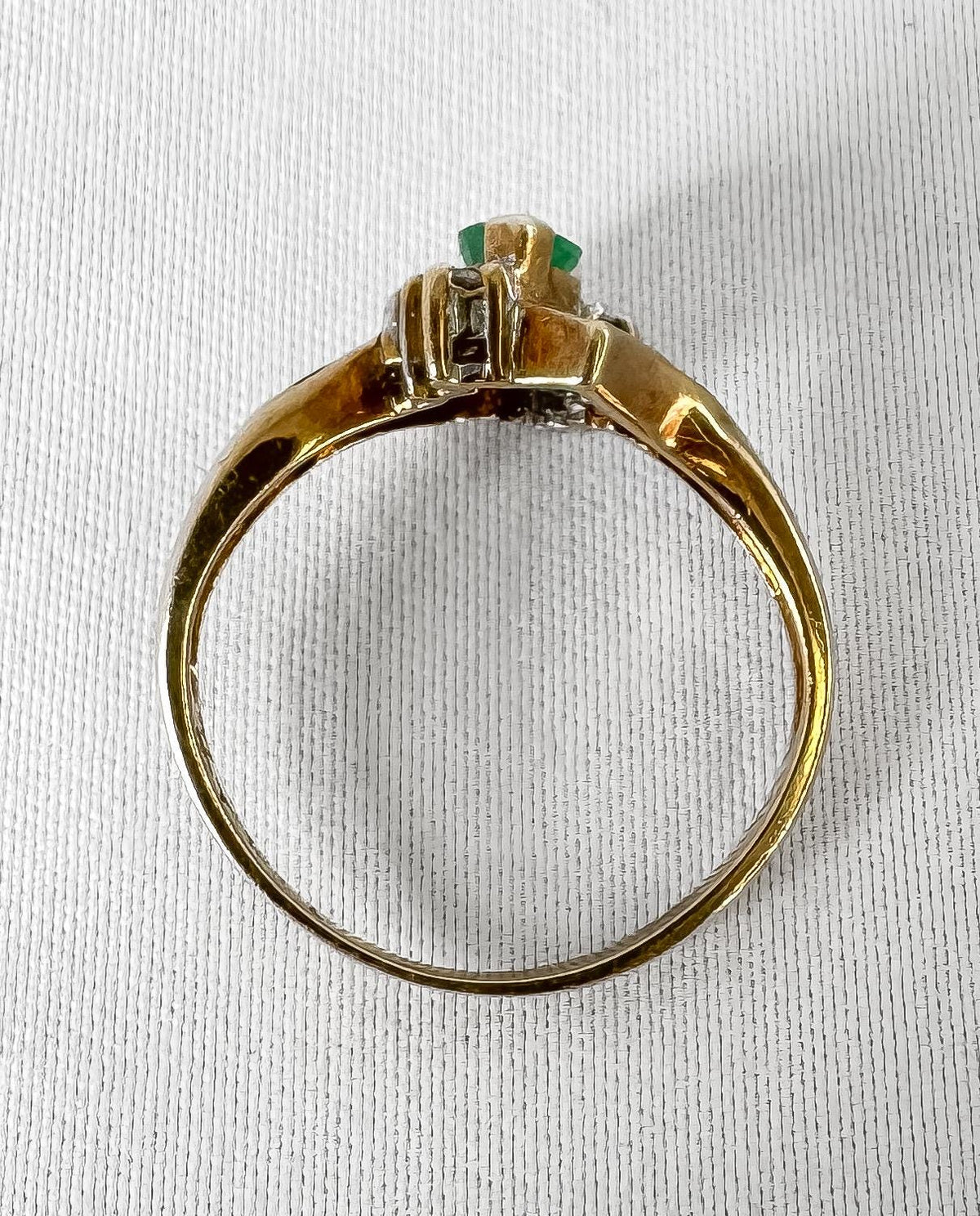 Vintage 10K Yellow Gold Marquise Emerald Diamond Accent Bypass Ring, Sz. 5.5, Estate Art Deco Mid-Century Cocktail Style Ring