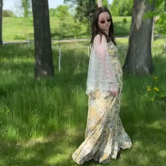 70s Gunne Sax Jessica McClintock Yellow Floral Angel Sleeve Lace Prairie Dress, Approx Womens Sz. 2-4, Coquette Cottage Core Whimsy Dress