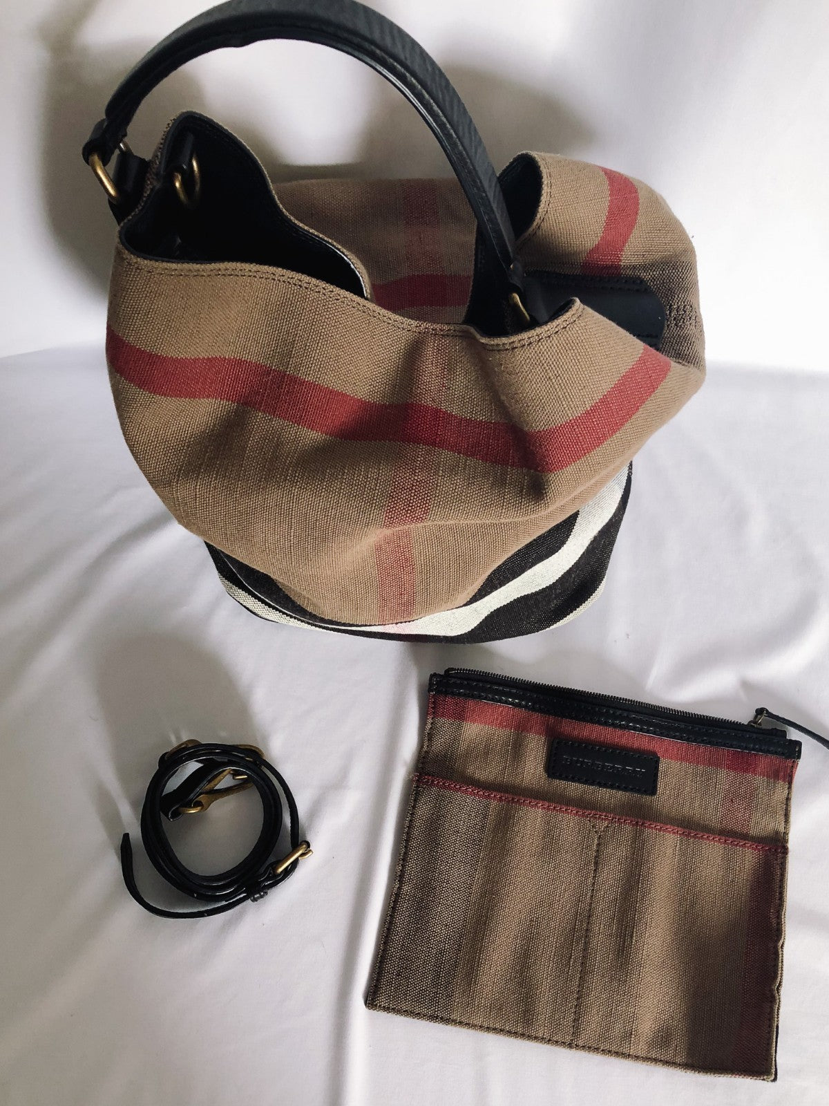 Authenticated Burberry Ashby Bucket Bag, Canvas Plaid, Detachable Pouch and Crossbody Strap