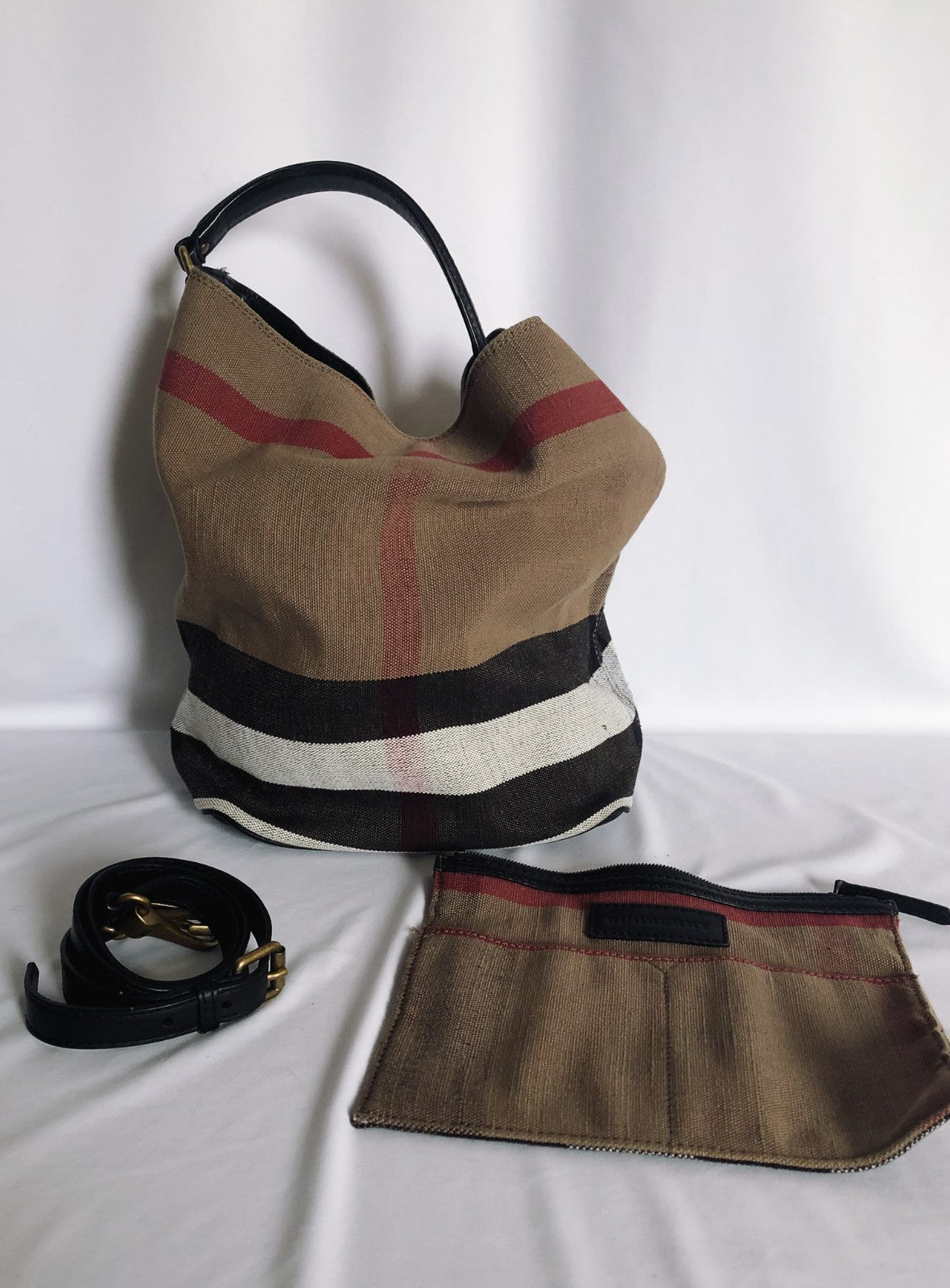 Authenticated Burberry Ashby Bucket Bag, Canvas Plaid, Detachable Pouch and Crossbody Strap