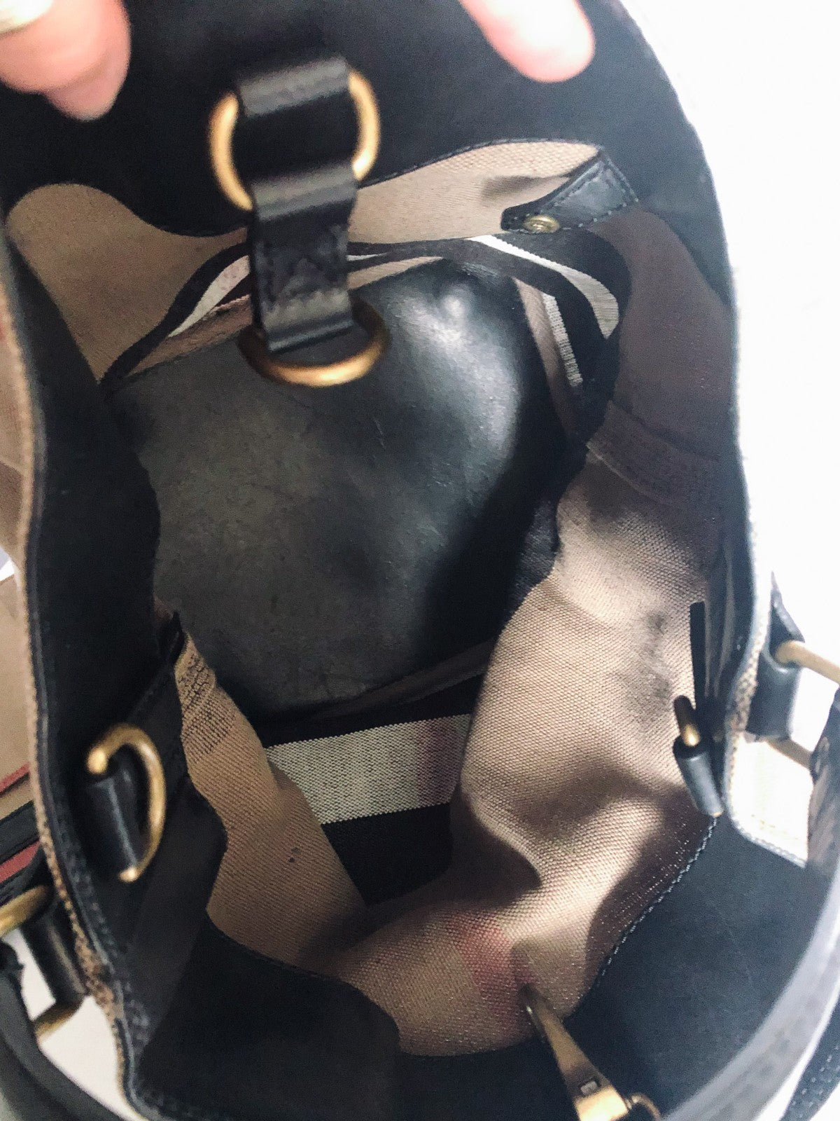 Authenticated Burberry Ashby Bucket Bag, Canvas Plaid, Detachable Pouch and Crossbody Strap