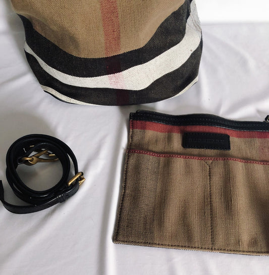 Authenticated Burberry Ashby Bucket Bag, Canvas Plaid, Detachable Pouch and Crossbody Strap