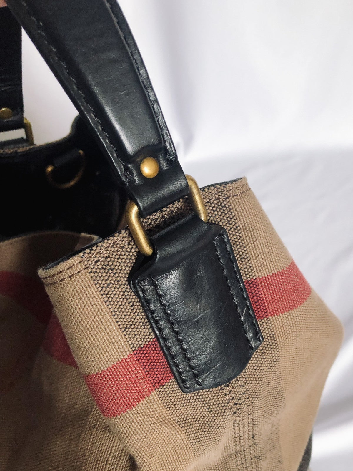 Authenticated Burberry Ashby Bucket Bag, Canvas Plaid, Detachable Pouch and Crossbody Strap