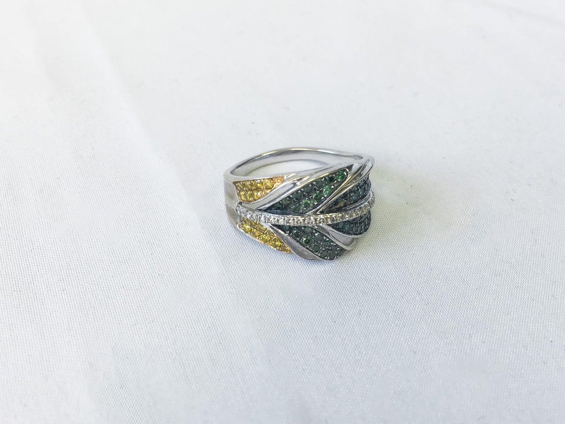 Lab Created Blue, Green, and Yellow Diamond Feather 14k White Gold Ring, Size 9.25