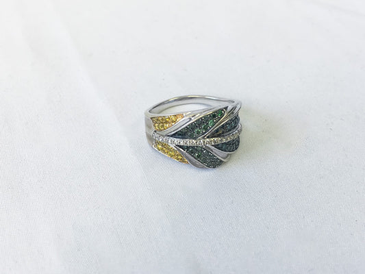 Lab Created Blue, Green, and Yellow Diamond Feather 14k White Gold Ring, Size 9.25